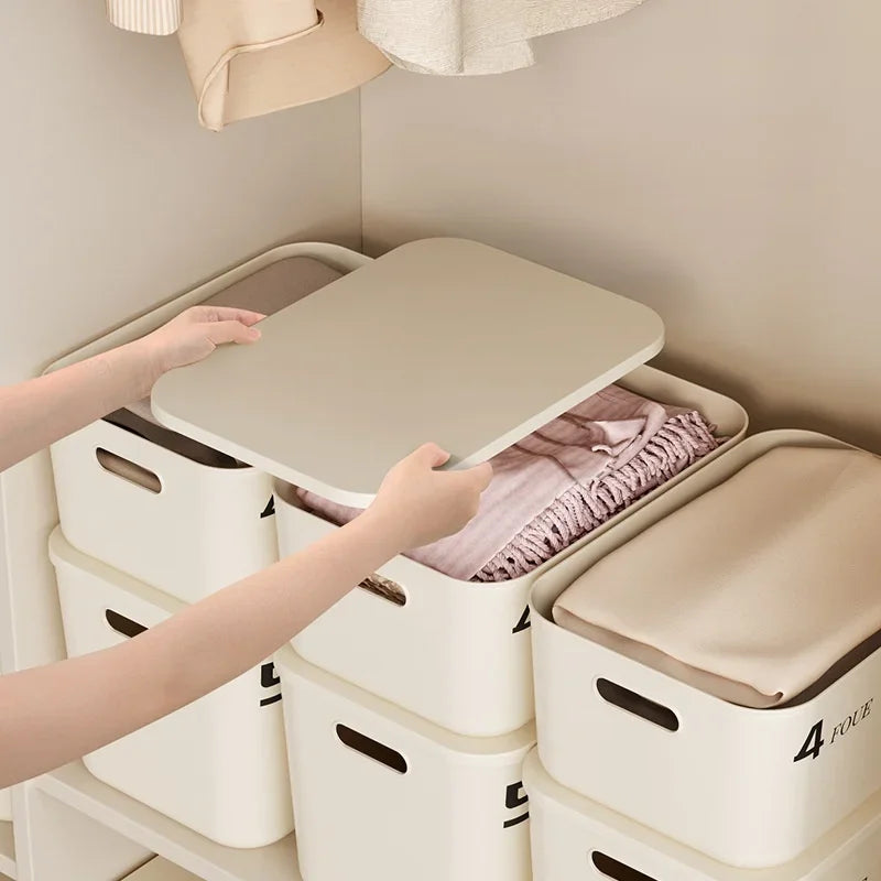 Stackable Storage Box with Lid Dustproof Cosmetics Clothing Grocery Storage Trunk Snack Storage Container Toy Storage Bin Basket